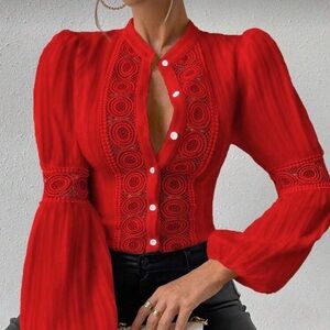 Red Preppy womens Contrast Lace
Lantern Sleeve Blouse